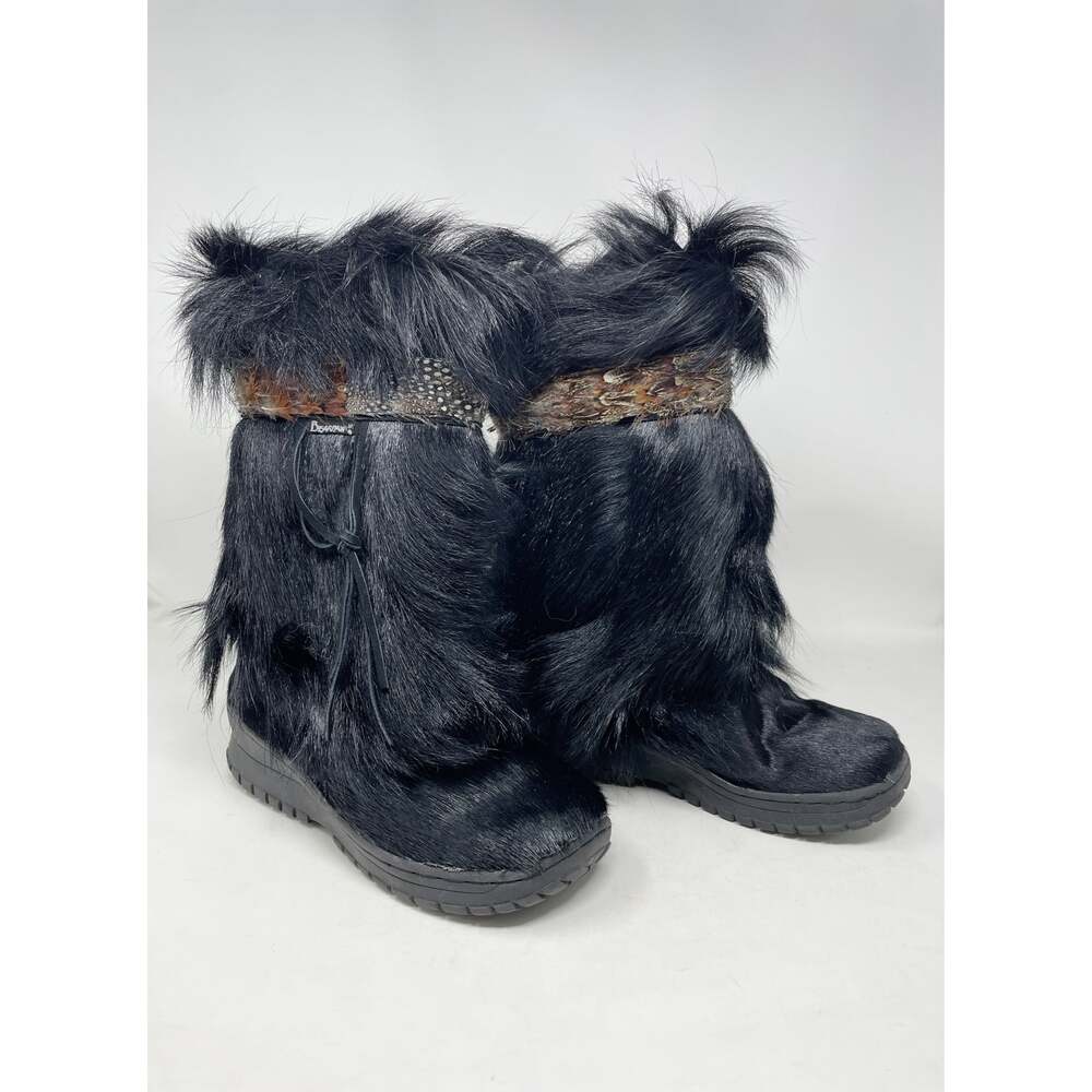 Bearpaw Kola Black Fur Furry Shaggy Feather Mid Calf Yeti Boots Womens 6